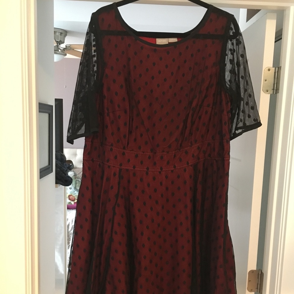 eShakti Red Dress with Polka Dot Overlay
